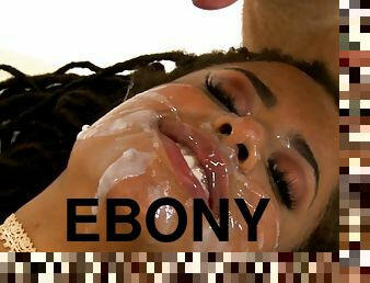 Ebony chick gets juicy load of cum after banging white studs