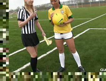 A female soccer player and female ref eat pussy after a match
