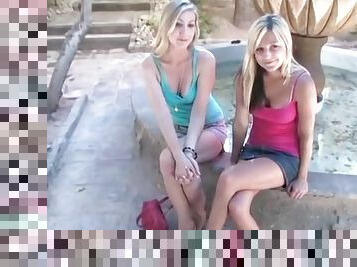 Two hot blondes get together and enjoy licking pussies by the pool
