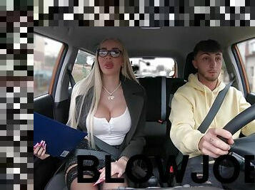 Glamorous driving instructor in stockings gets fucked in the car