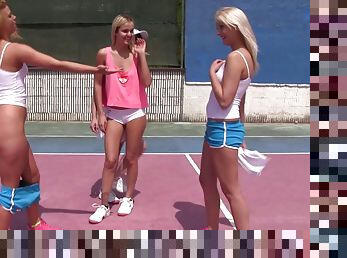 Four blonde cuties pleasuring their twat on a tennis court