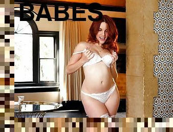 babes, rousse, bas, culotte, lingerie, solo, blanc, érotique, en-nylon, soutien-gorge