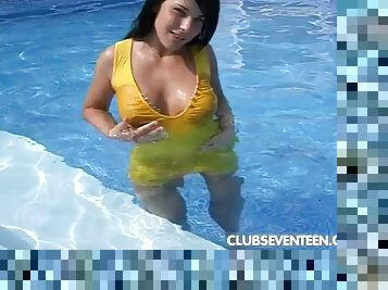 Allisa goes skinny dipping in her pool then fucks her pussy with a vibrator