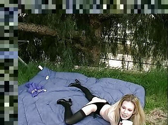 Pretty blonde enjoying a hardcore doggy style fuck in her garden