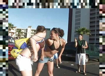 Sexy amateur babes in bikini in the outdoor street party