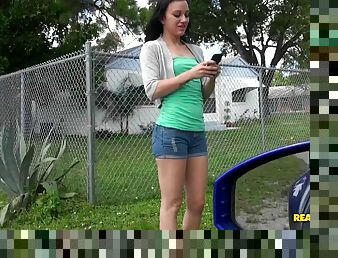 A cute teen in shorts plays outside then goes inside to fuck