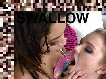 After fucking a guy these two chicks swap his hot cum