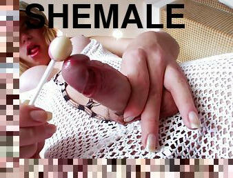 Enchanting shemale with small tits moaning while drilling her anal using huge toy