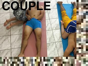 Couple massage with a happy ending. Girlfriend exchange between friends who have changed partners