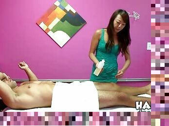 Asian massage girl rubs her client then rides his dick
