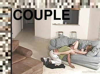 Horny couple take a shower after banging in all poses on a sofa