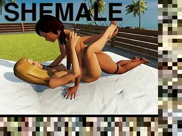 Shemale fucks girl in hot 3d game!