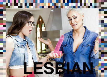 Curious lesbians check if a long dildo fits their pussies