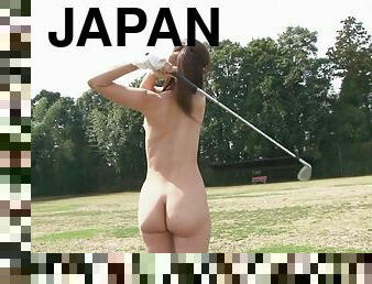 Nasty Japanese chick sucks a hunk's dong on a golf course