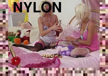 bas, lingerie, blanc, en-nylon