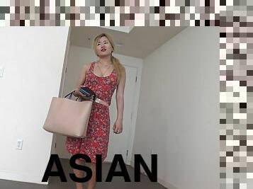 Blonde Asian chick Zoe takes off her nice dress for a black member