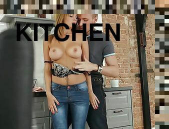 Barbie takes her mans cock in the kitchen