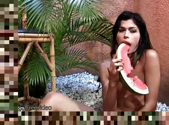 She likes the taste of watermelon and feel of her cock in her hands