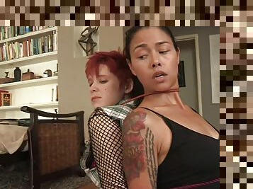 Randy bitch licks redheads hairy muff on the couch