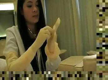 Asian nurse gives a handjob with two different pairs of gloves