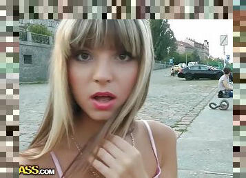 Blonde Russian hottie goes for public fuck in Prague