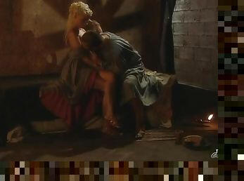 Curly Roman woman gives hot blowjob to a gladiator