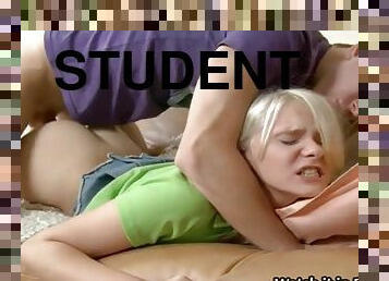 Blonde student cums while hiding the long cock of her