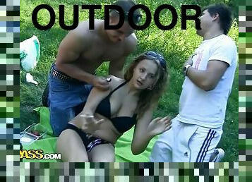 Outdoor Threesome With AN Insanely Busty Blonde Girl