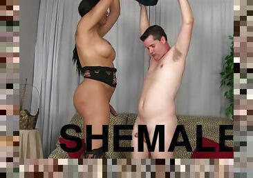 Dominate shemale makes him suck her cock before fucking her