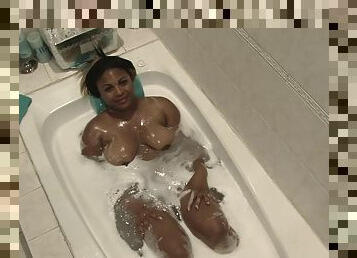 Ebony BBW takes a hot bath, gets fucked, and lets him cum inside her