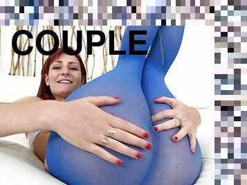 Blue tights are sexy on the redhead fucking hardcore