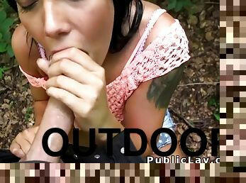 Tattooed tanned euro teen bangs outdoors in the woods