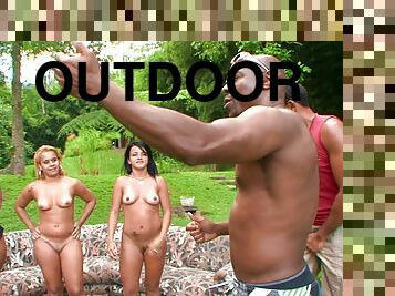Big ass Brazilian girls and big dick guys have an outdoor orgy