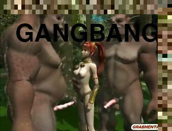Redhead 3d anime cutie gangbanged by monsters in the forest