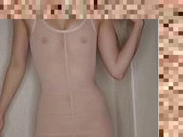 Teasing in my see through tight nude dress tiny boobs big booty