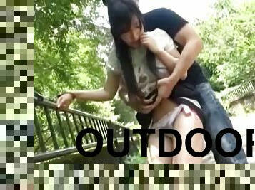 Cuffed sub girl played with by her master outdoors