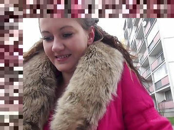 Slut in a fur trimmed coat offered cash to get fucked