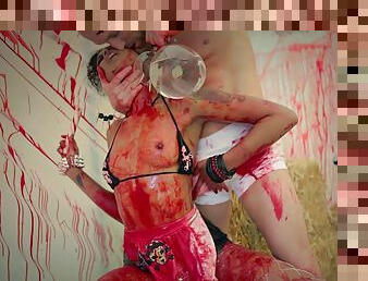 Couple covered in pink body paint has aggressive sex