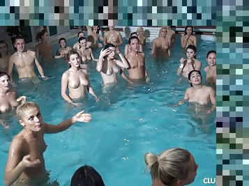 Wild babes pleasuring themselves in a wet pool party sucking and fucking group sex