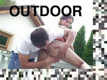 Outdoor hard fuck for busty teen in heats