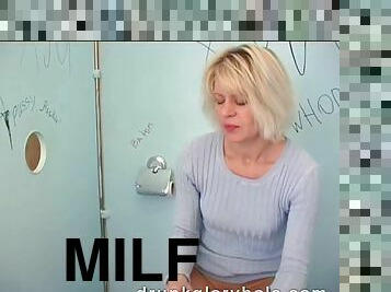 MILF enjoys hanging out at public bathrooms and sucking stranger's cocks