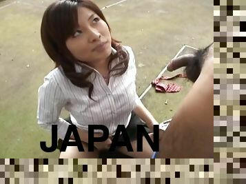 Elegant Japanese broad fingers her pussy while being face fucked outdoors