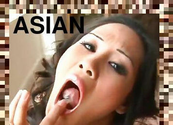 Asian cock sucker with tongue piercing gets cum in mouth in POV