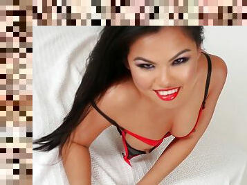 Asian babe Cindy Starfall jerks a guy off and swallows his cum