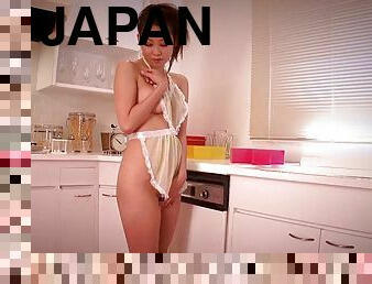 Alluring Japanese cowgirl swallows cum after giving a blowjob in the kitchen