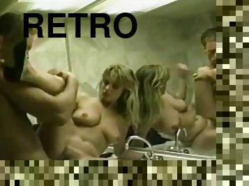 A fucks her mouth then her pussy in the bathroom during a retro scene