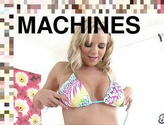 Kinky Bree Olson fucks a machine while playing around with food