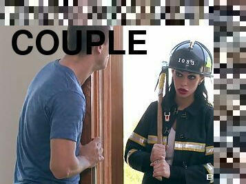 A sexy female fireman inspects this guy's house the rides his hose