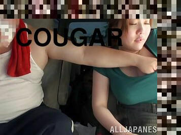 Cougar with big tits yelling while her hairy pussy is banged hardcore in the car