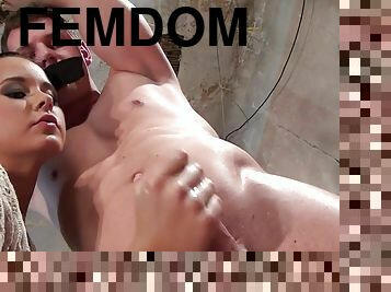 Bound guy wanking cfnm